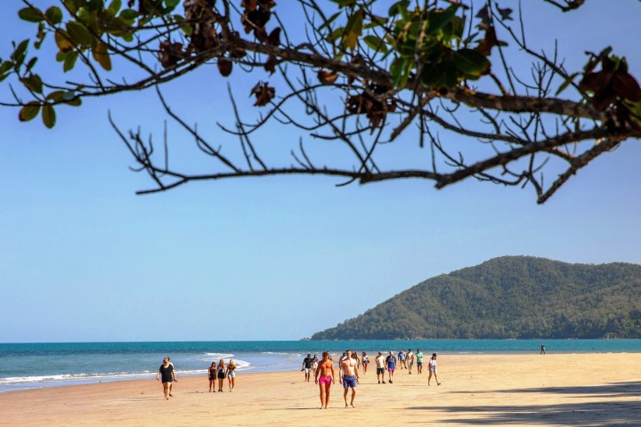a group of people on a beach