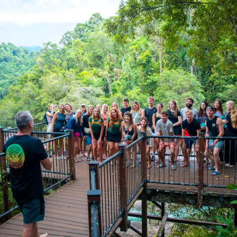Group of people posing for a photo on a wooden platform in a lush forest.