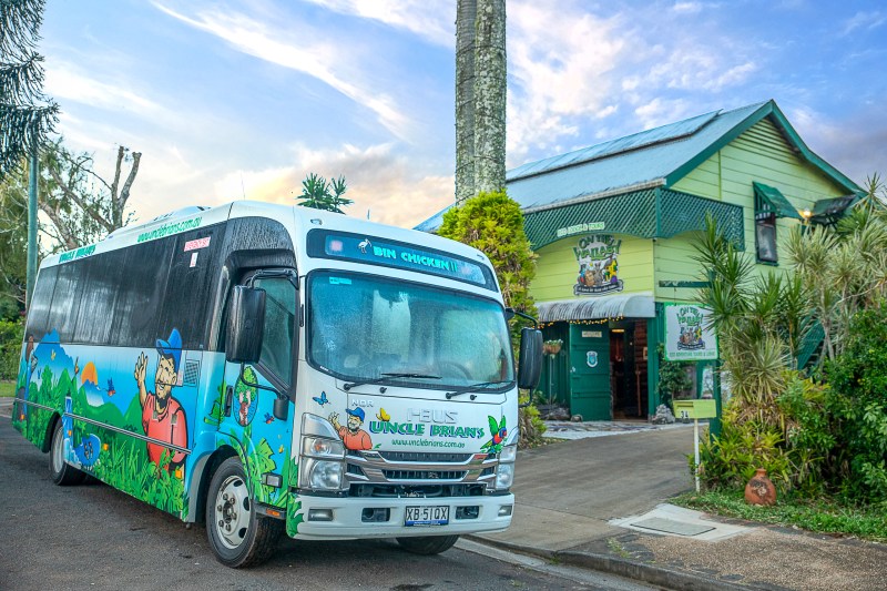 A colorful tour bus parked in front of a quaint green building with palm trees around.